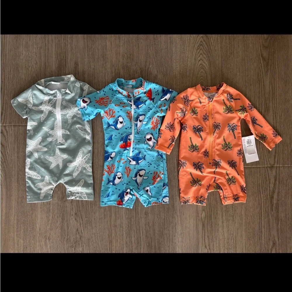 Set of 3 Baby Rash Guard Swimsuits for 3-6mth - Starfish, Sharks, Palm Print